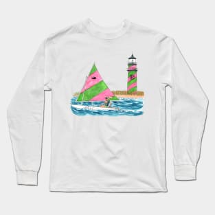 Pink and Green Sunfish Sailboat with Lighthouse! Long Sleeve T-Shirt